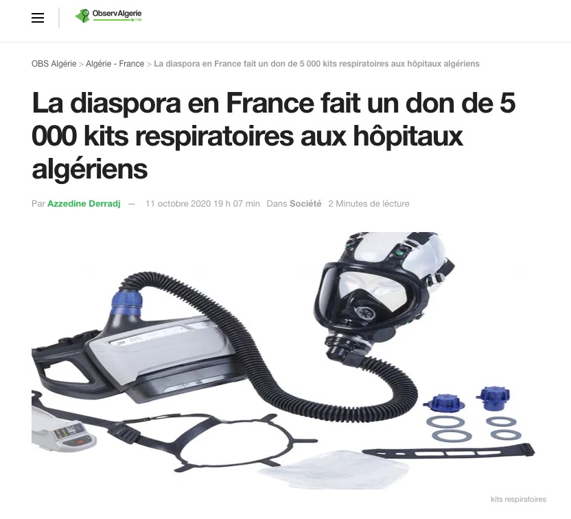 Read more about the article Observalgerie.com La diaspora en France fait un don de 5 000 kits respiratoires aux hôpitaux algériens