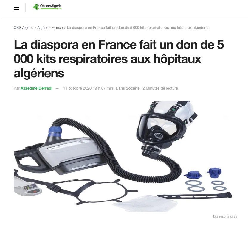 Lire la suite à propos de l’article Observalgerie.com La diaspora en France fait un don de 5 000 kits respiratoires aux hôpitaux algériens